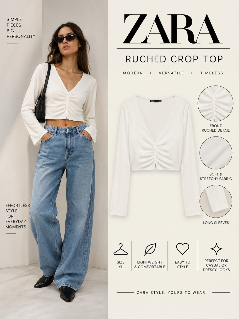 ZARA Cream Ruched Long Sleeve Crop Top XL NWT 6050/422